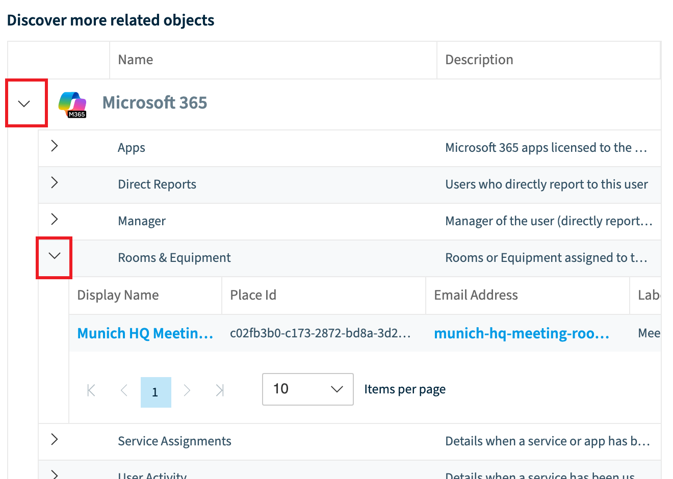 Discover more related objects with Microsoft 365 and Rooms and Equipment expanded