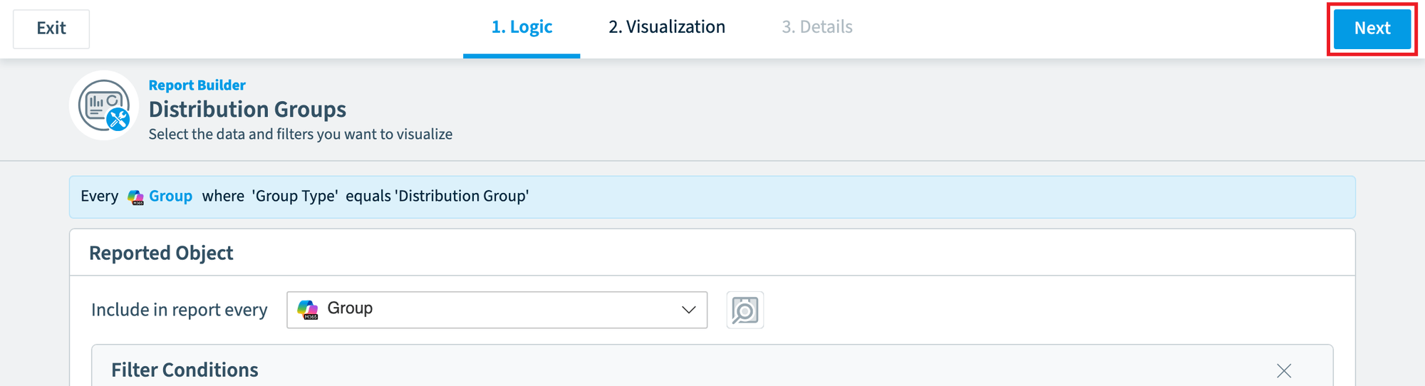 Report Builder Logic step with the Next button highlighted