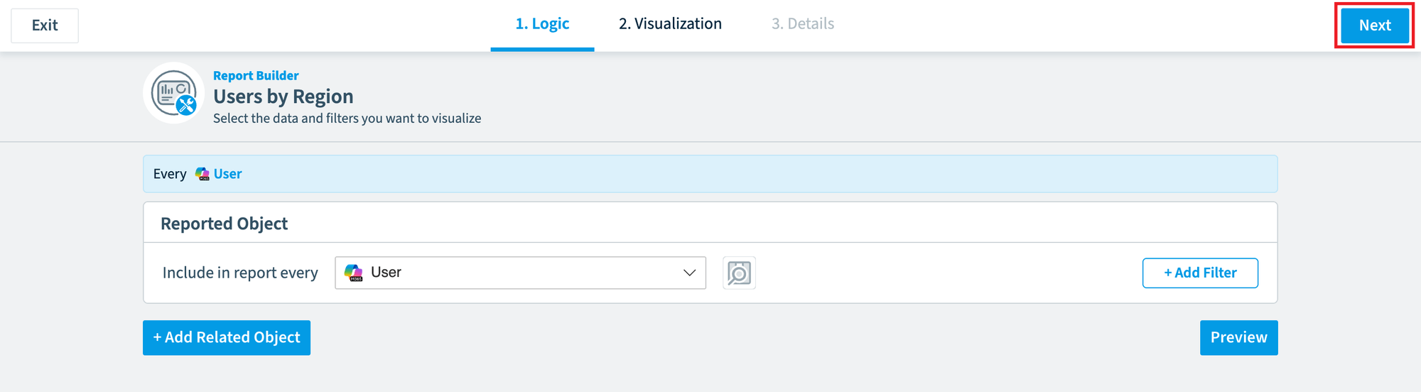 Report Builder Logic step for Users by Region, Next highlighted