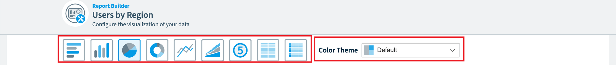 Report Builder Visualization step with the chart types and Color Theme highlighted