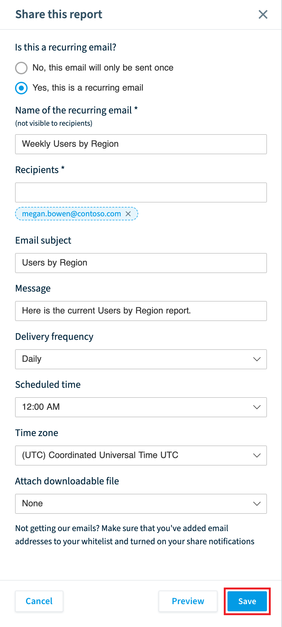 Share this report panel for a recurring email with name, recipients, frequency, time and time zone, with Save highlighted