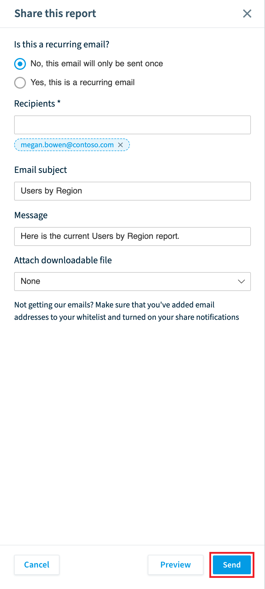 Share this report panel for a one-off email: recipient, subject, message and attachment, with Send highlighted