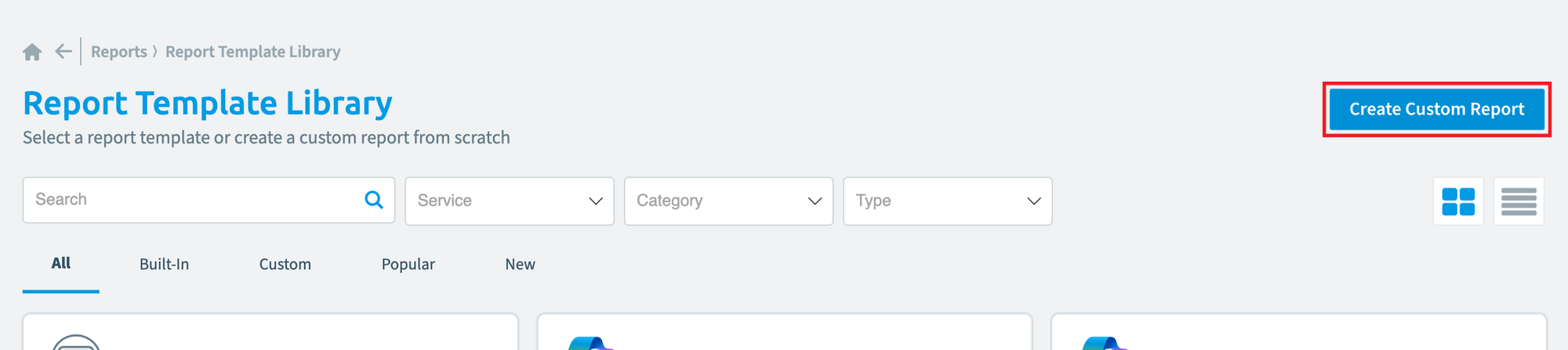 Report Template Library with Create Custom Report highlighted
