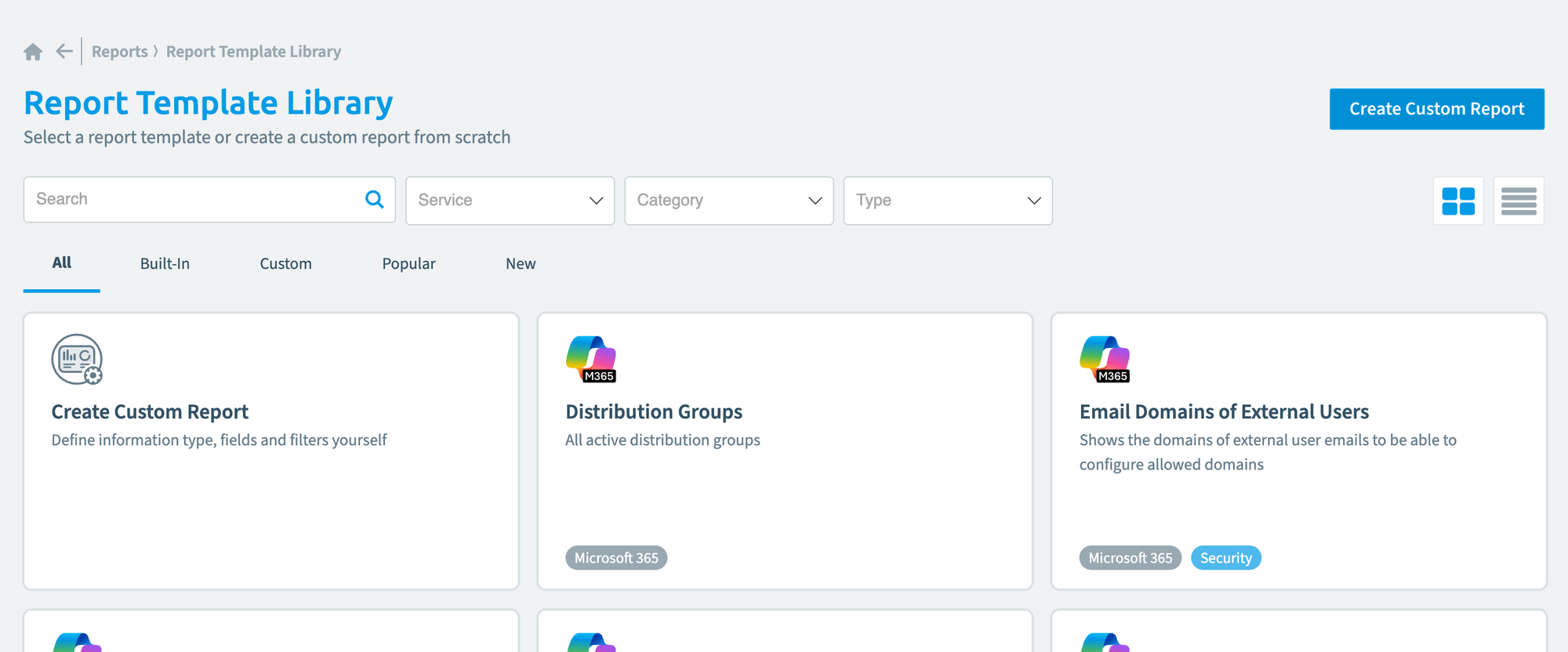 Report Template Library with filters and report template cards