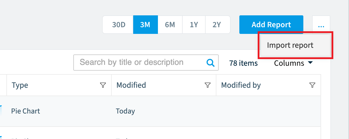 Reports options menu with Import report highlighted