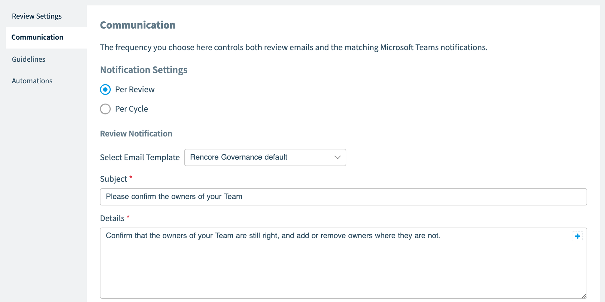 Review Builder Communication settings with notification frequency, email template, subject and details