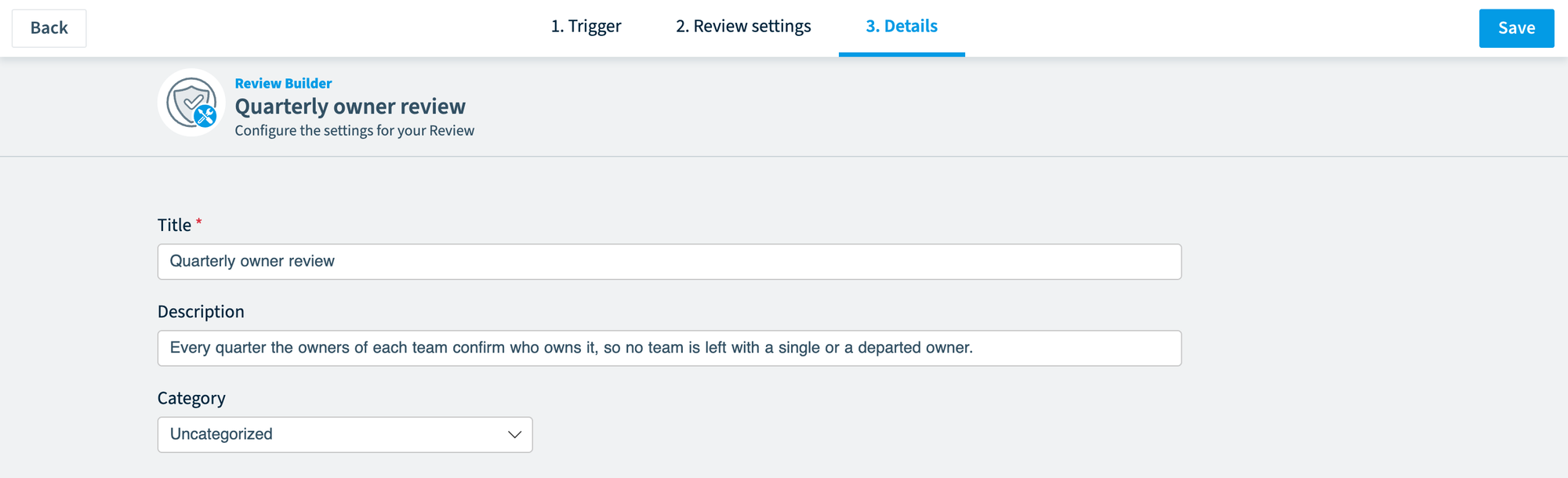 Review Builder Details step with title, description and category