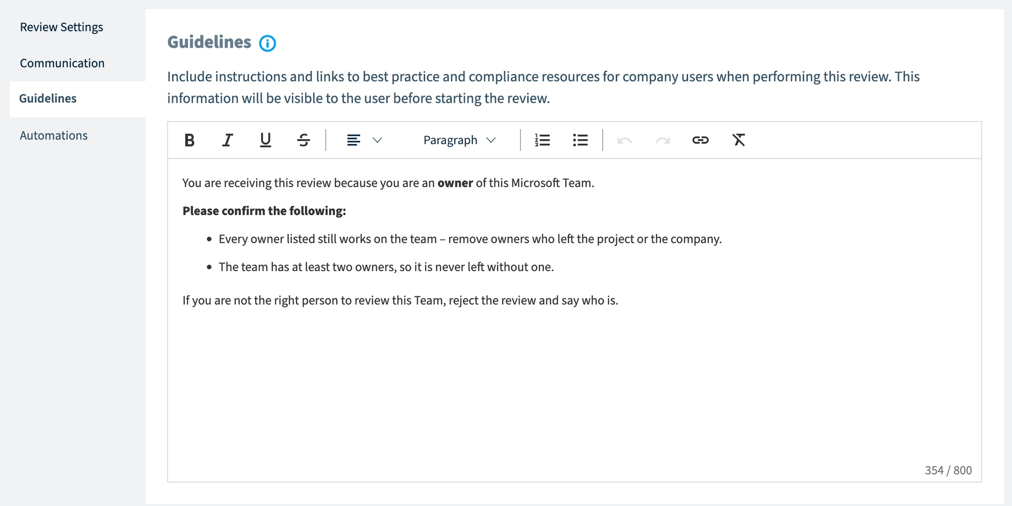 Review Builder Guidelines editor with owner review instructions
