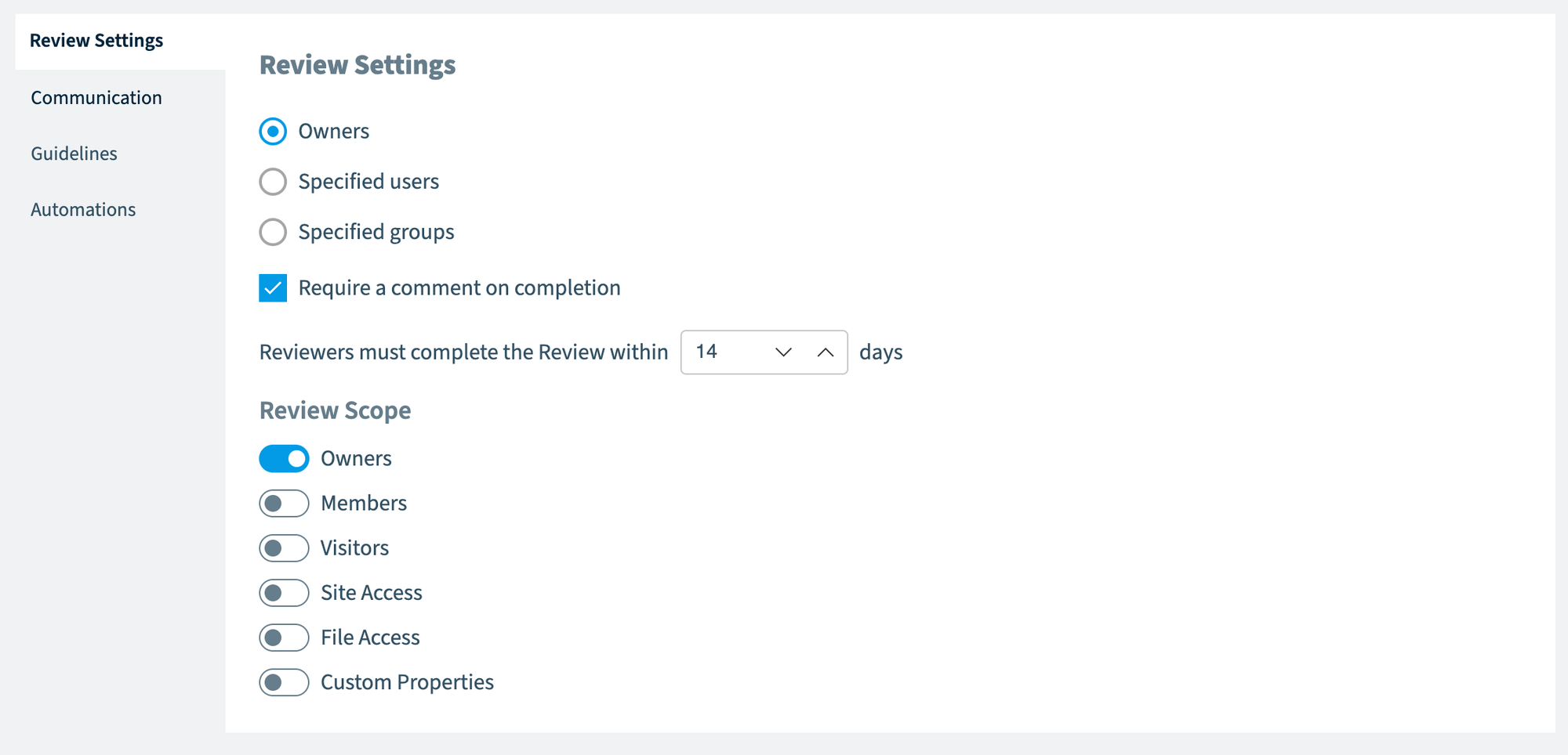 Review Builder Review Settings with reviewers, comment, deadline and review scope
