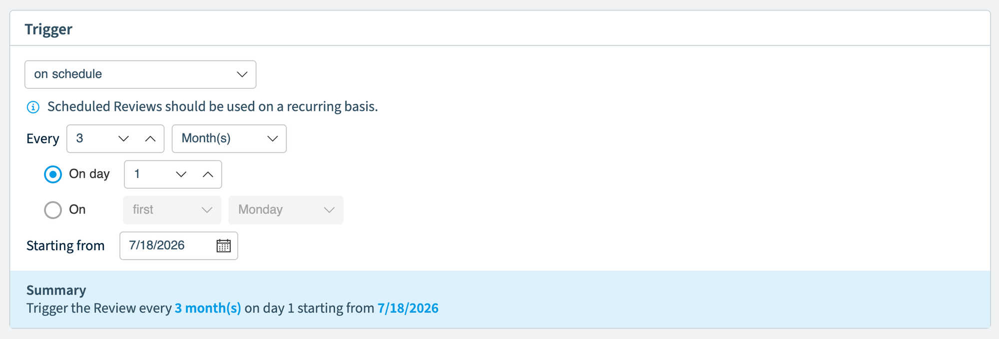 Review Builder schedule trigger: every 3 months on day 1, with the summary