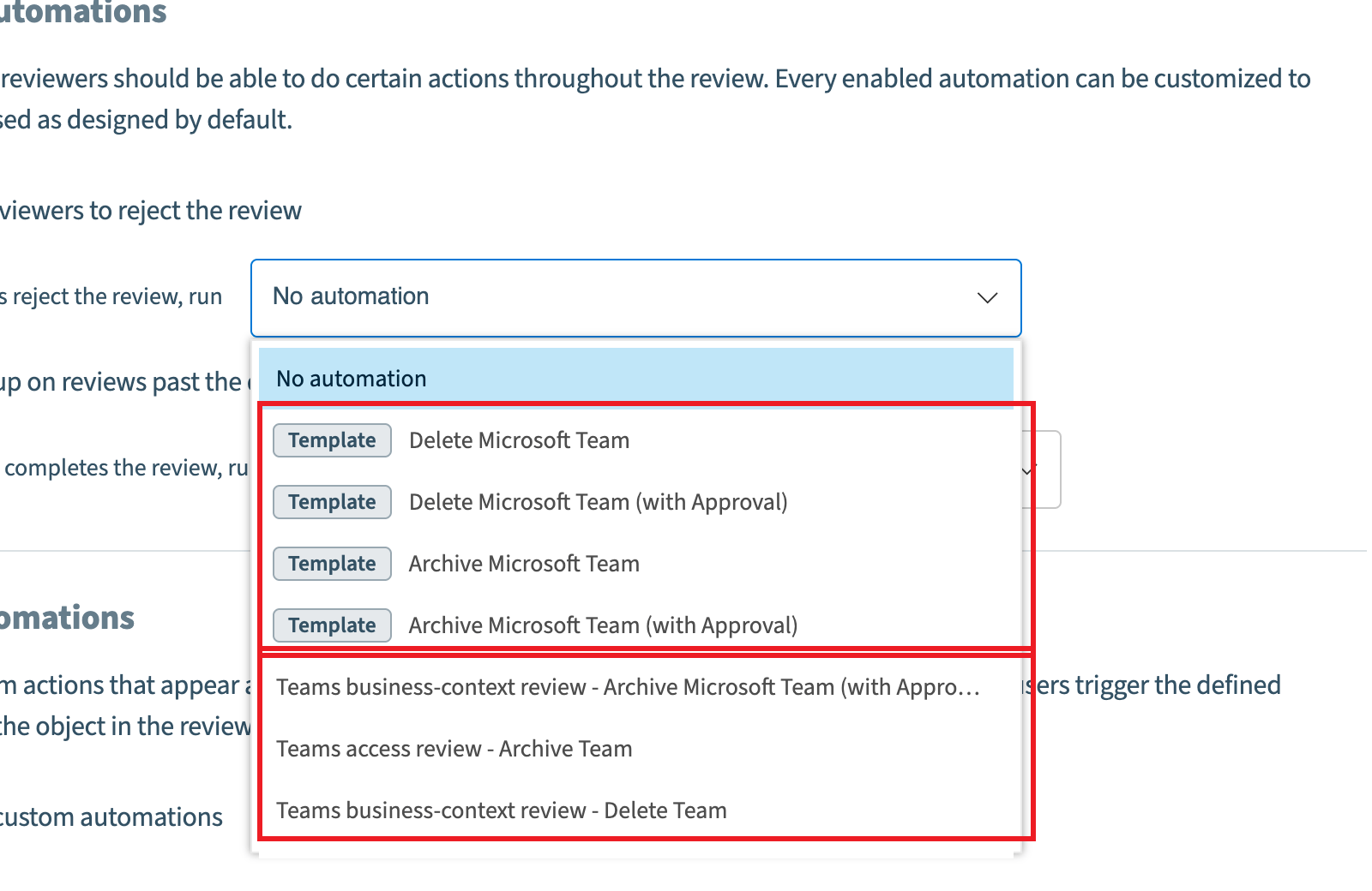 Workflow Automations dropdown with template and custom automations highlighted