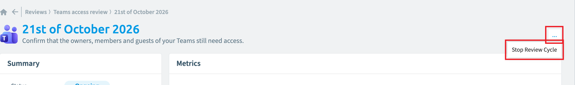 Review cycle options menu with Stop Review Cycle highlighted