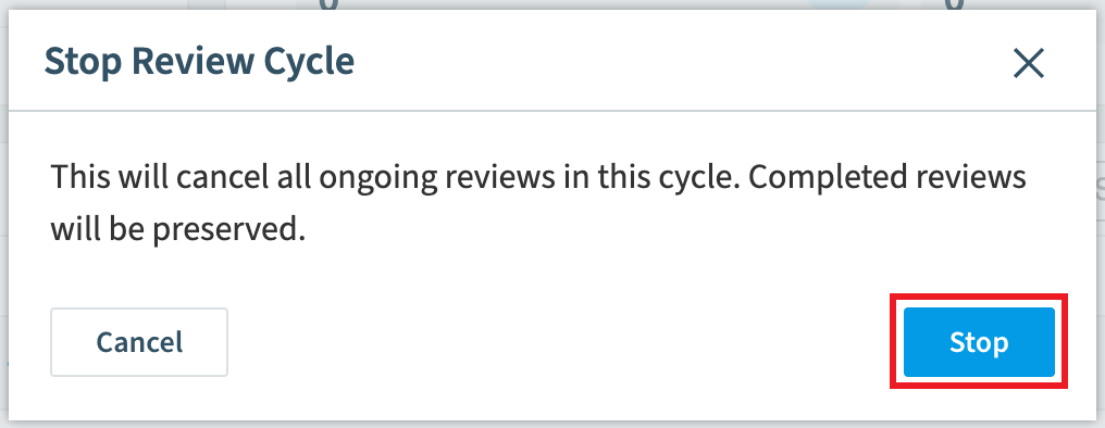 Stop Review Cycle dialog with Stop highlighted