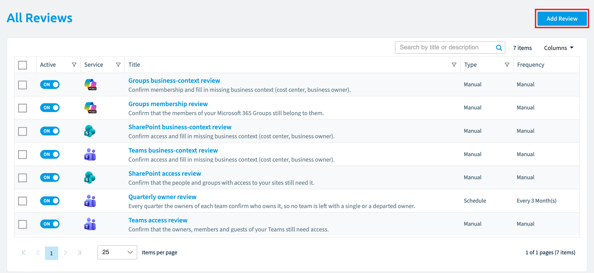 All Reviews list with Add Review highlighted