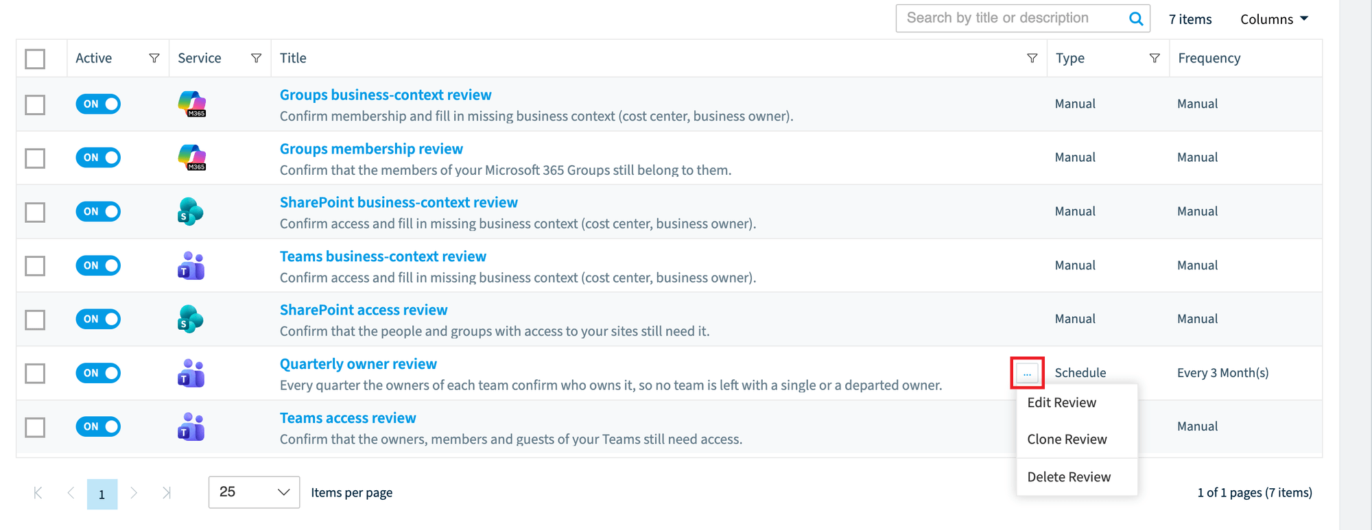 All Reviews list with a row menu open: Edit Review, Clone Review, Delete Review