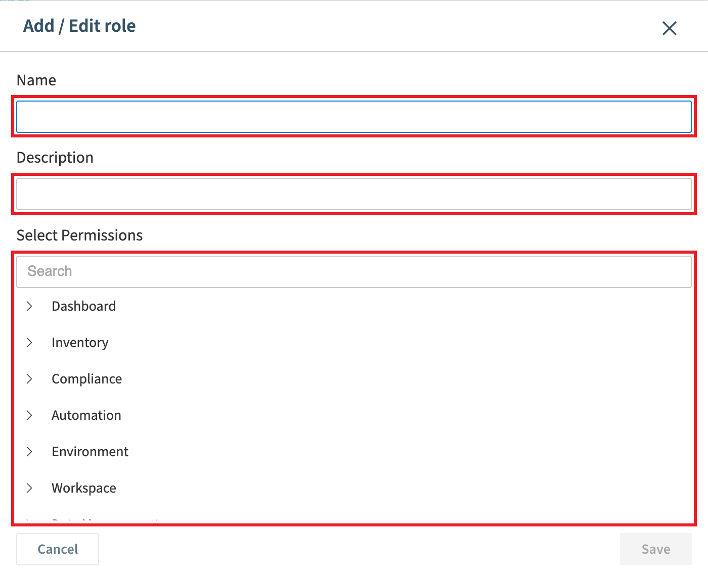 Add / Edit role dialog with Name, Description and Select Permissions highlighted