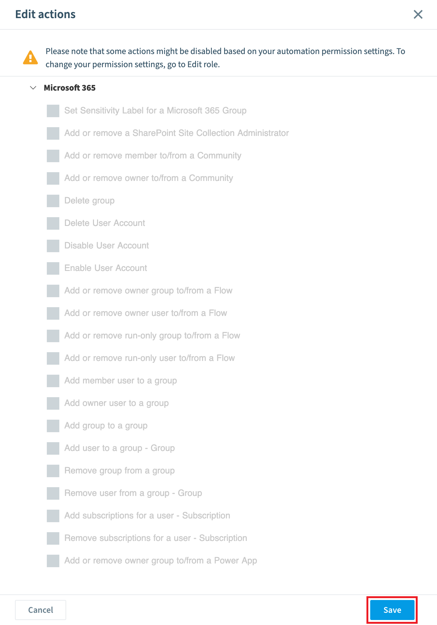 Edit actions panel with the Microsoft 365 actions and Save highlighted
