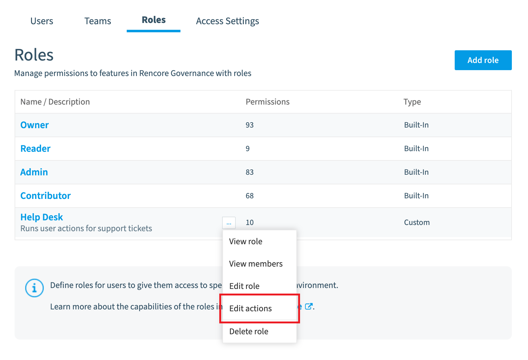 Workspace Roles with the row menu of a custom role open and Edit actions highlighted