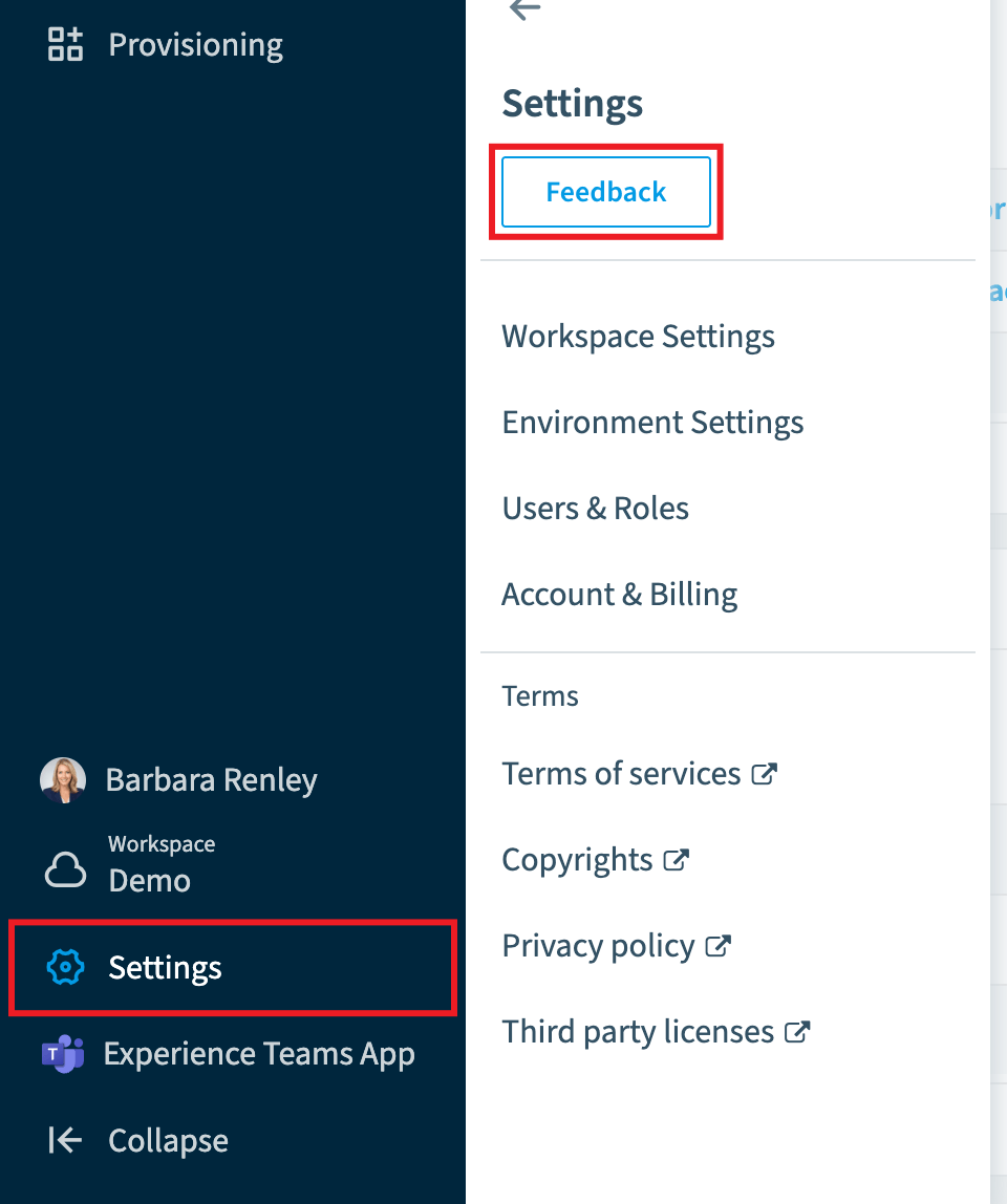 Settings menu open with Feedback and Settings highlighted