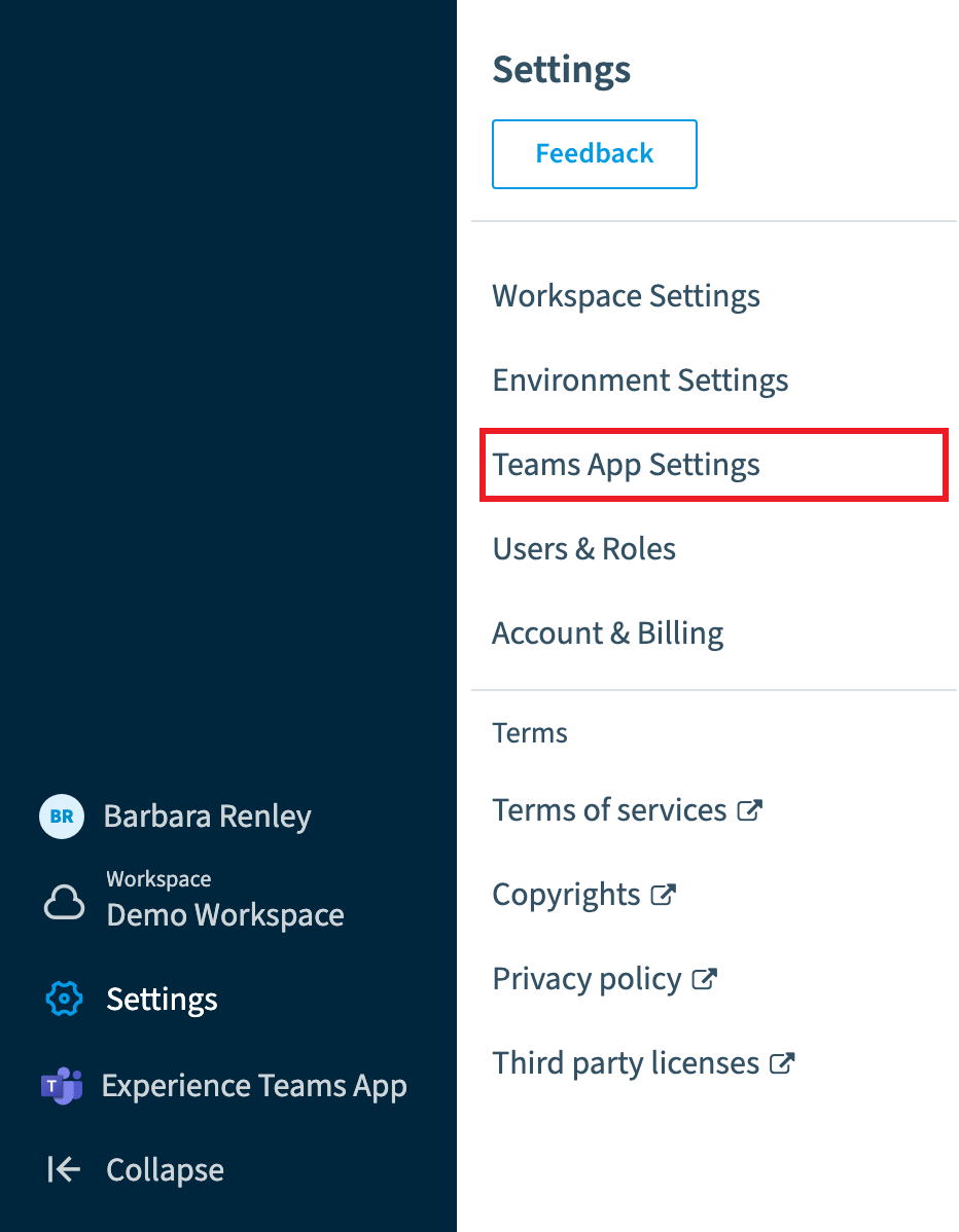 Settings menu with Teams App Settings highlighted