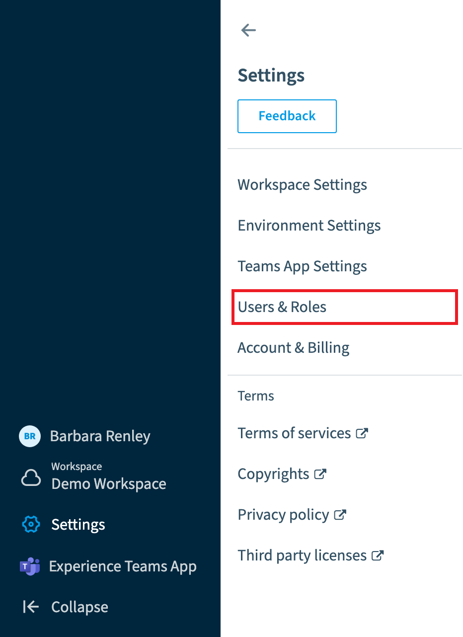 Settings menu with Users and Roles highlighted