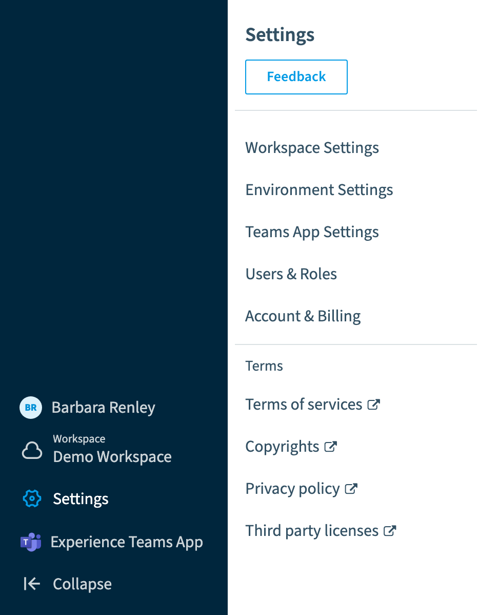 Settings menu: Workspace, Environment and Teams App Settings, Users & Roles, Account & Billing