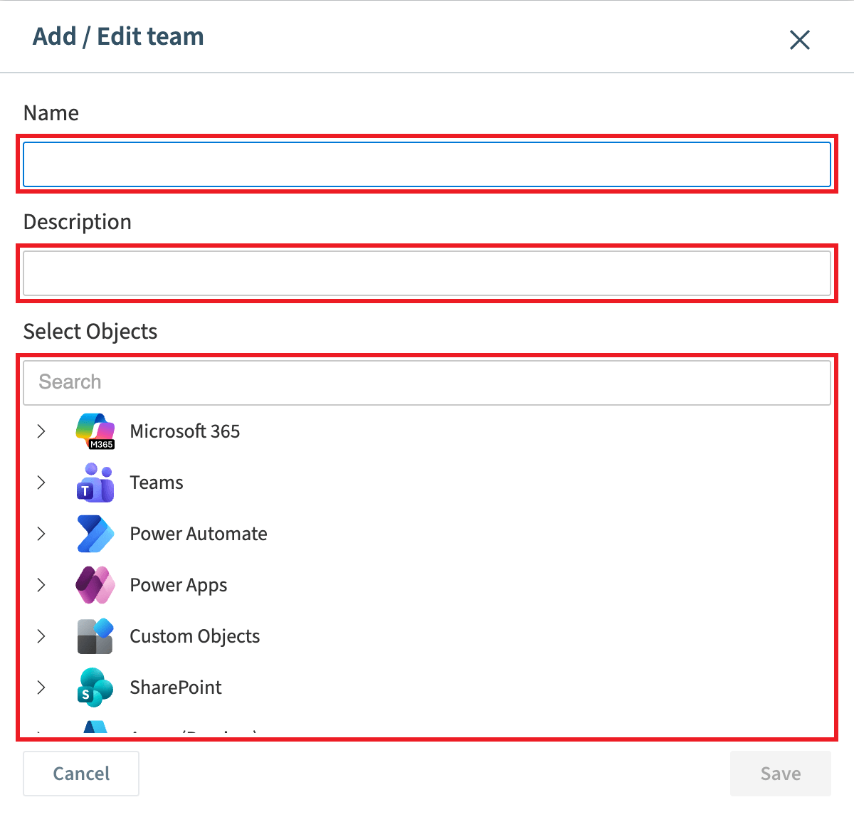 Add / Edit team dialog with Name, Description and Select Objects highlighted