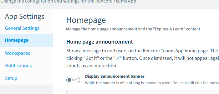 The Homepage tab in Teams App Settings, with the Home page announcement section