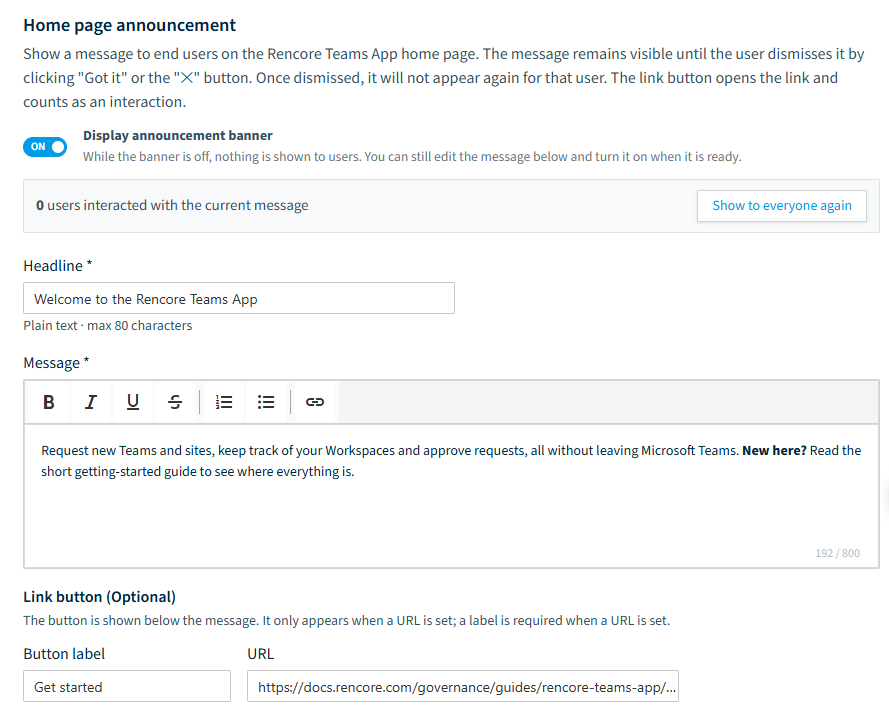 The Home page announcement settings with the banner turned on and a Headline, Message, Button label and URL entered