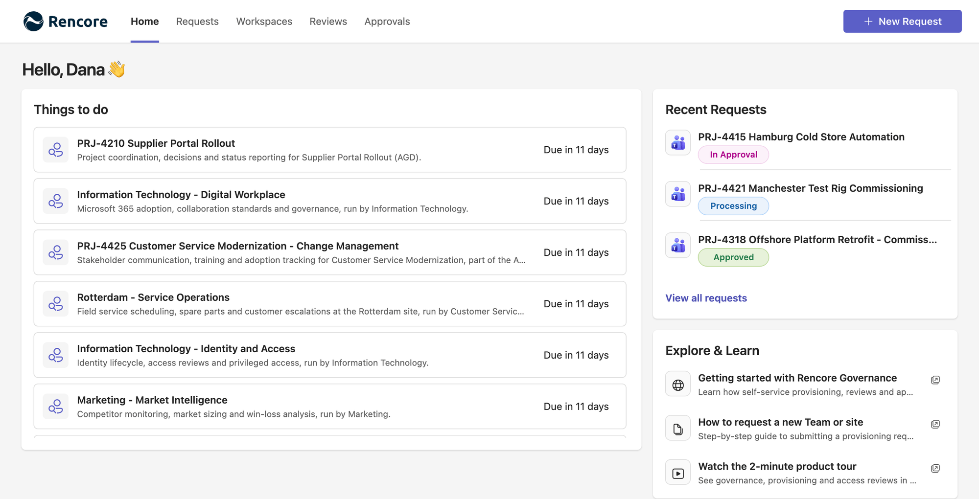 Rencore Teams App home page with things to do, recent requests and Explore and Learn links