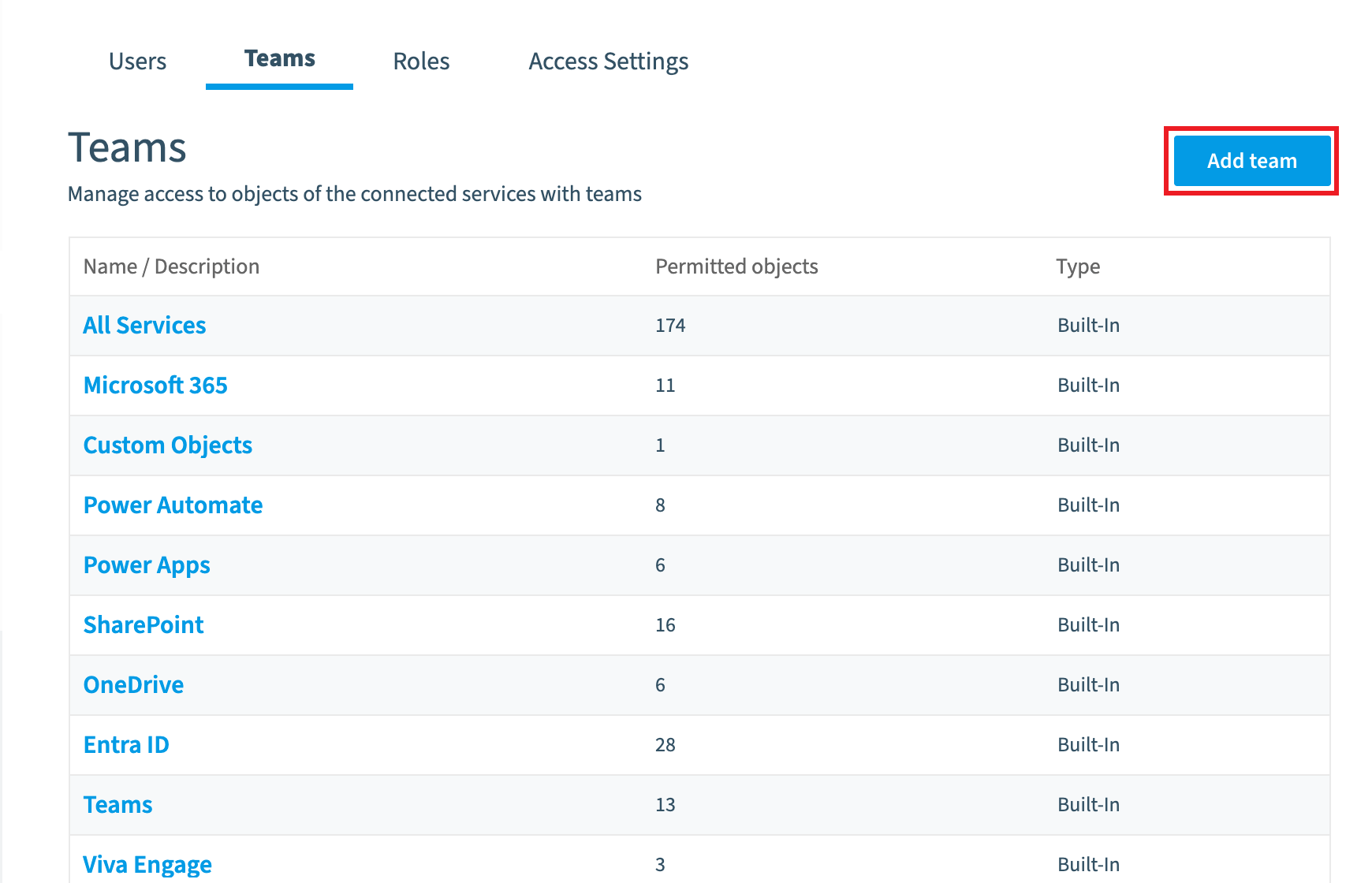 Workspace Teams list with Add team highlighted