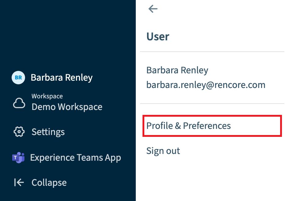 User menu with Profile and Preferences highlighted
