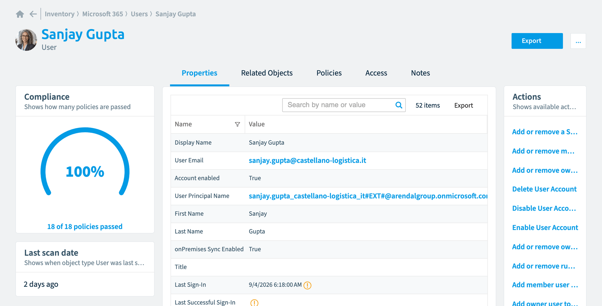 Properties tab of a user object without the related objects summary on the left
