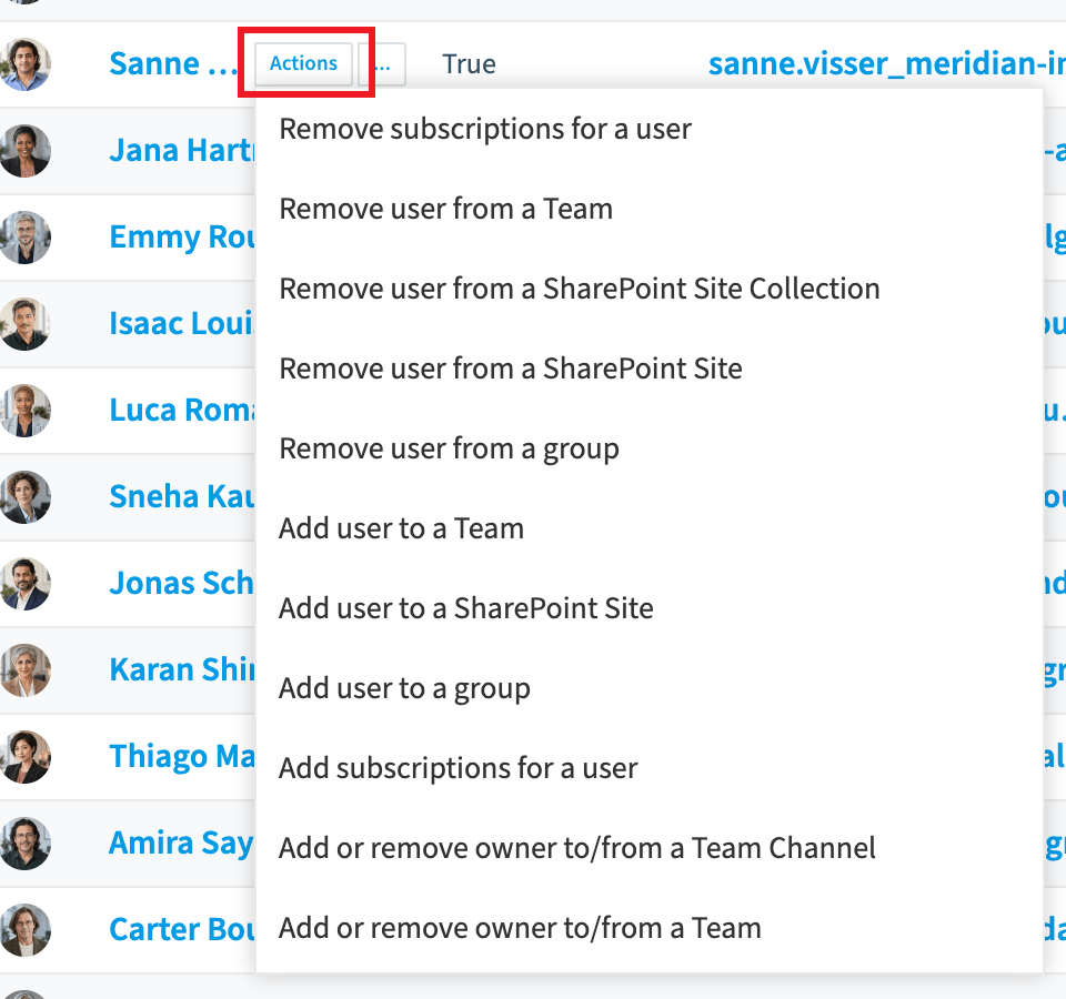 Actions menu of one user in the Users data grid