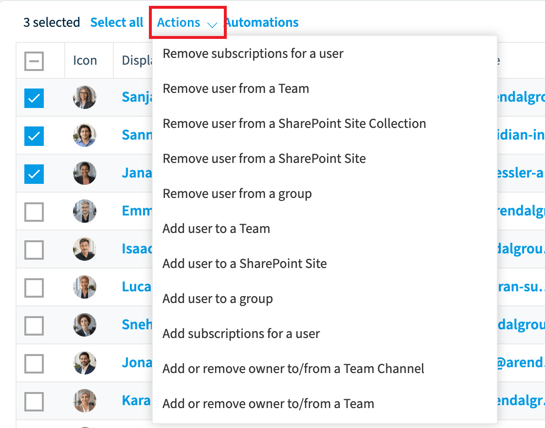 Users data grid with three users selected and the Actions menu open