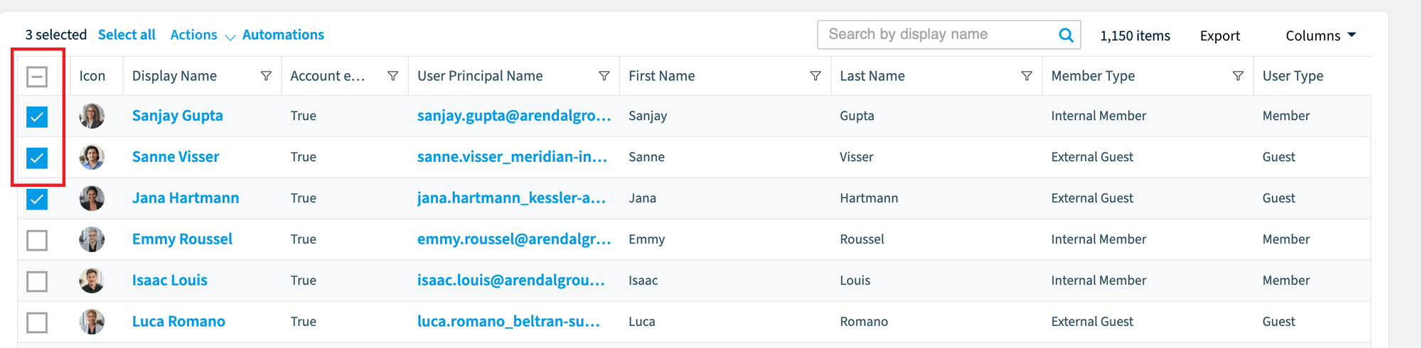 Users data grid with three users selected and the checkbox column highlighted