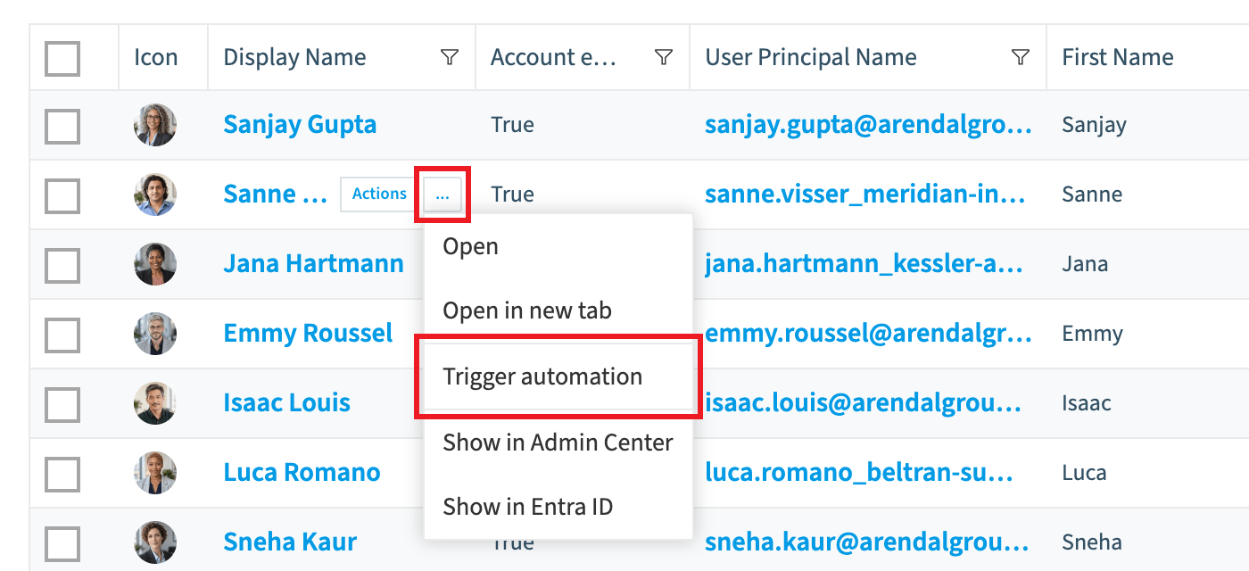 Users data grid with a row menu open and Trigger automation highlighted
