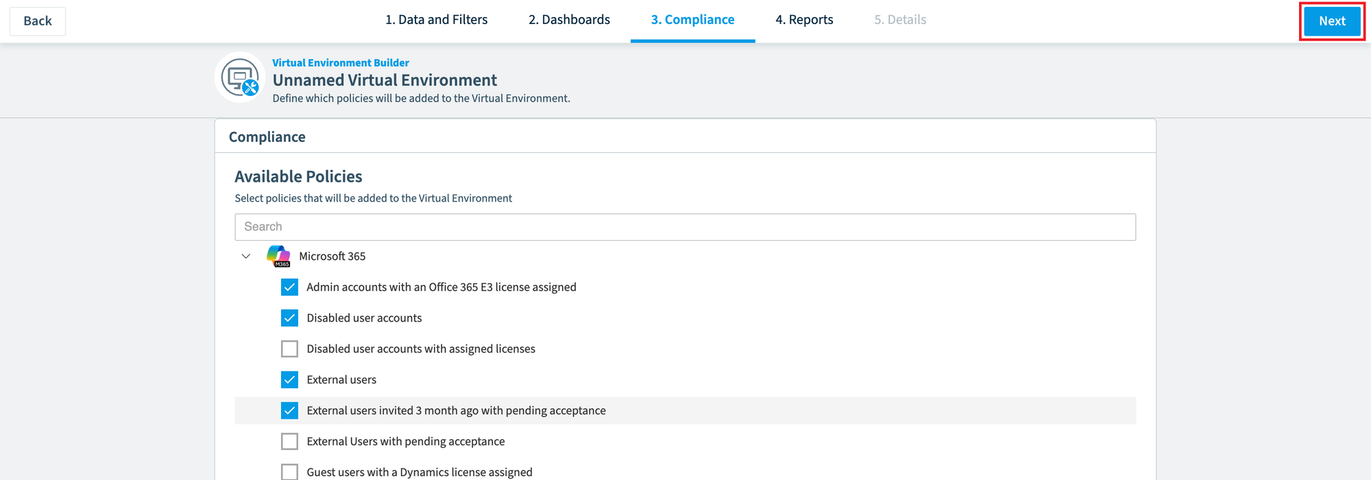 Virtual Environment Builder, Compliance step with policies selected and Next highlighted