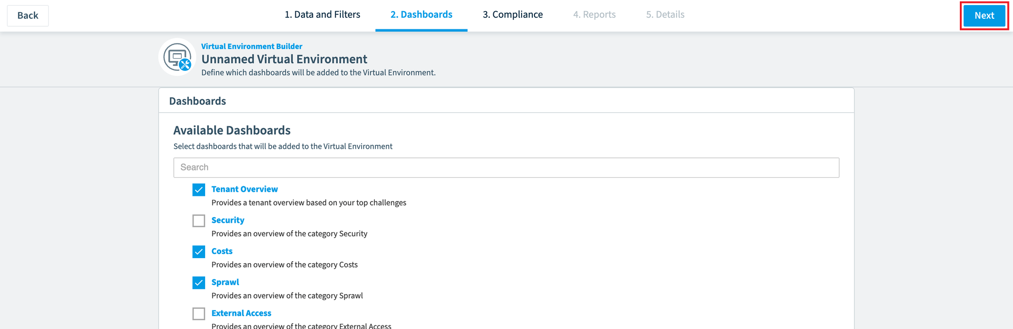 Virtual Environment Builder, Dashboards step with dashboards selected and Next highlighted