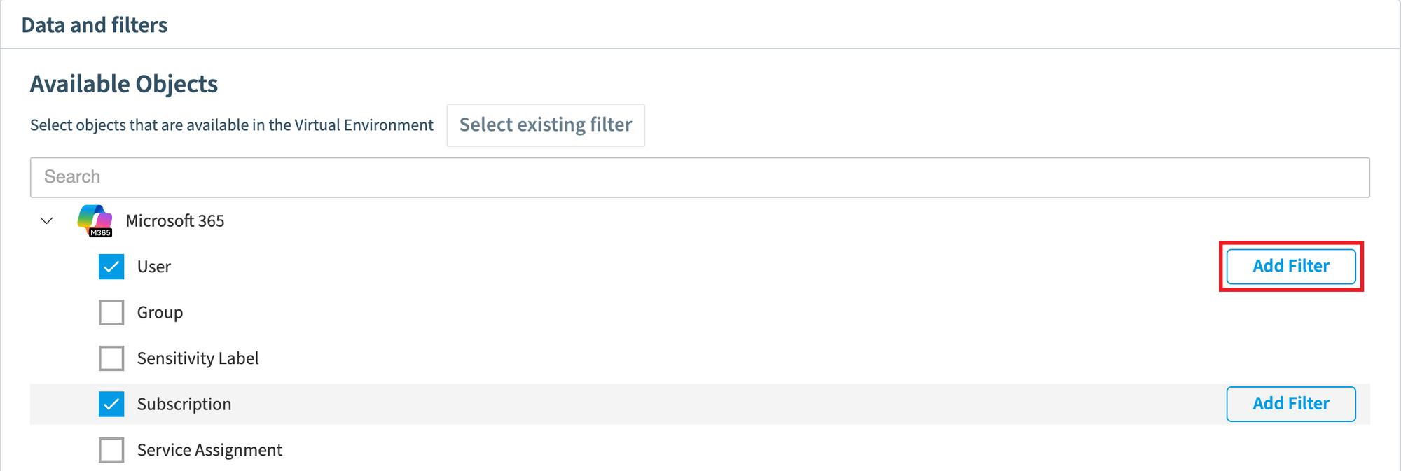 Virtual Environment Builder, Data and Filters step, with Add Filter highlighted