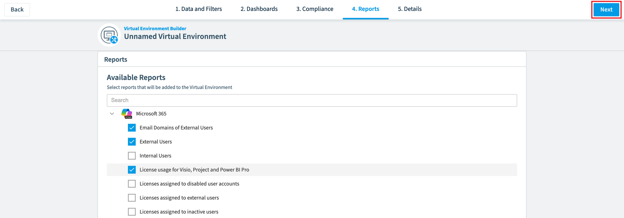 Virtual Environment Builder, Reports step with reports selected and Next highlighted