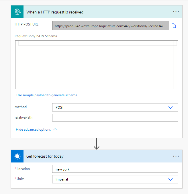 Power Automate flow with the When a HTTP request is received trigger and its HTTP POST URL