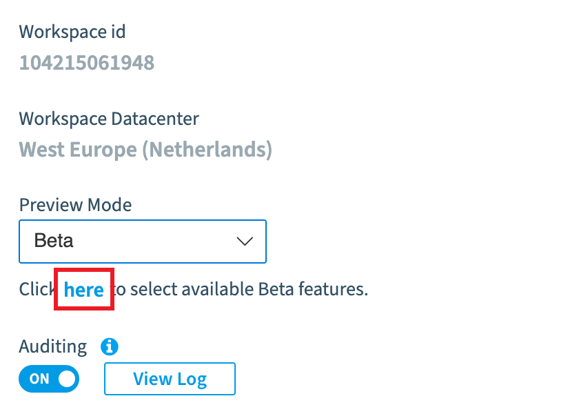 Preview Mode set to Beta, with the here link to the Beta features highlighted