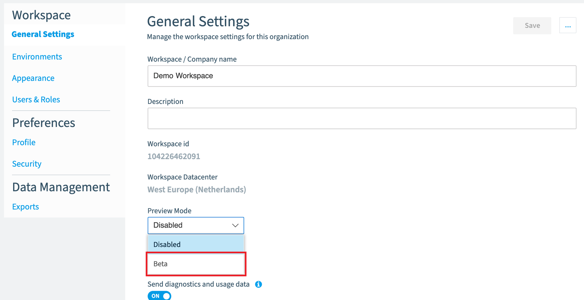Workspace General Settings with the Preview Mode list open and Beta highlighted