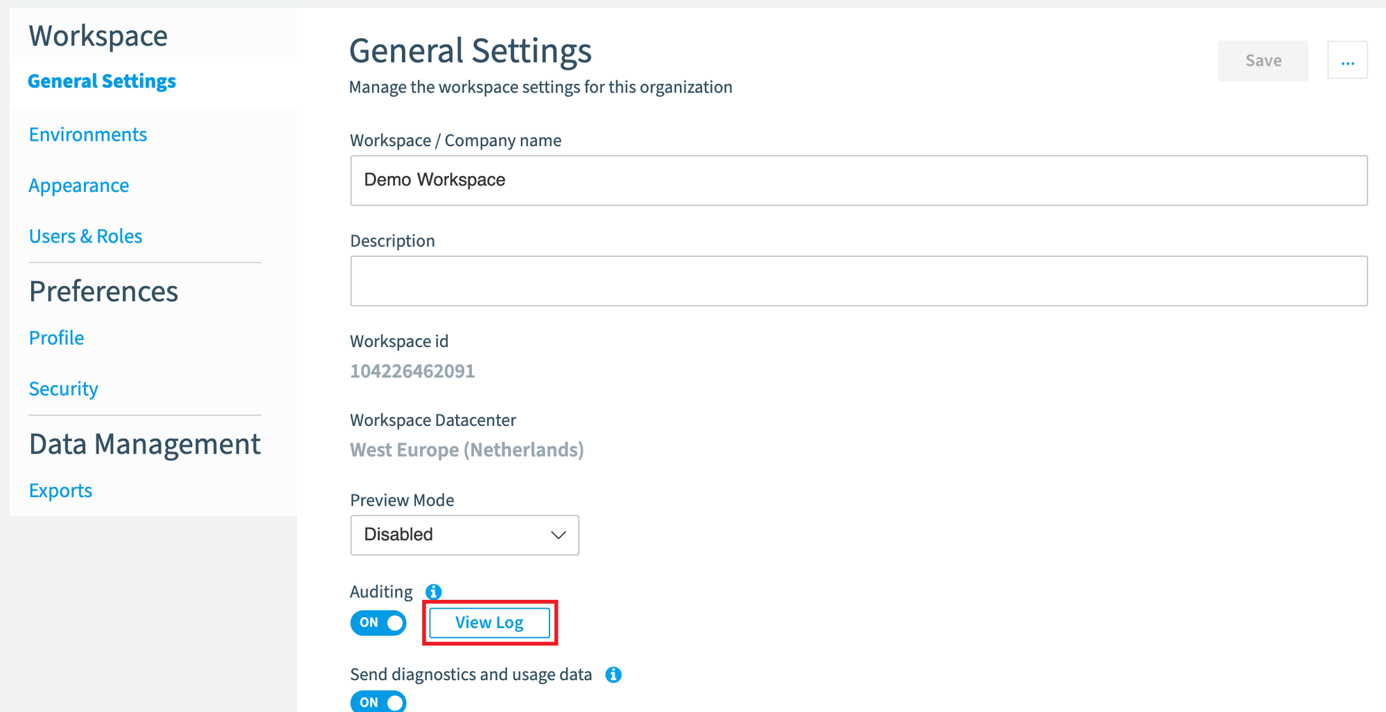 Workspace General Settings with the Auditing View Log button highlighted