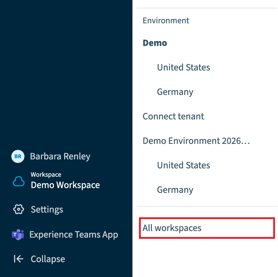 All workspaces link in the workspace and environment selector