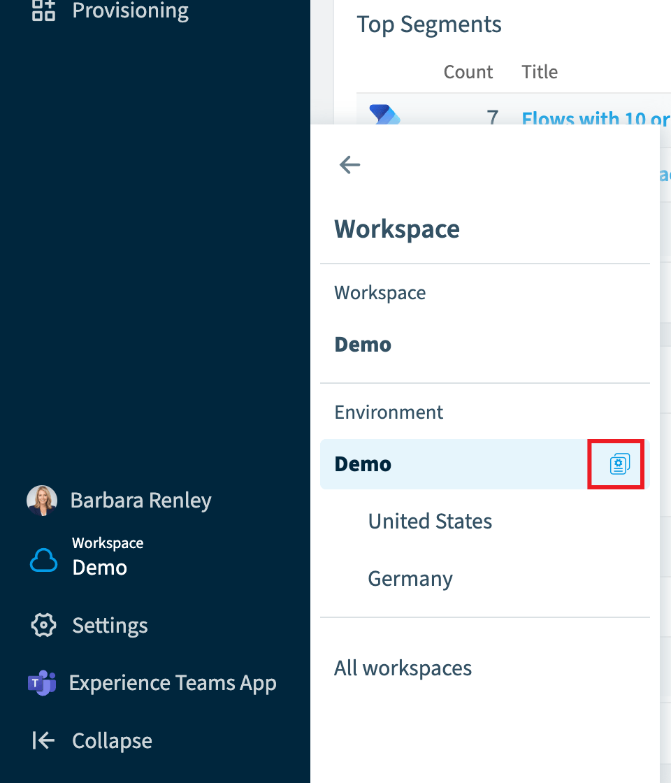 Workspace selector with the pointer on the current Environment and its copy icon highlighted