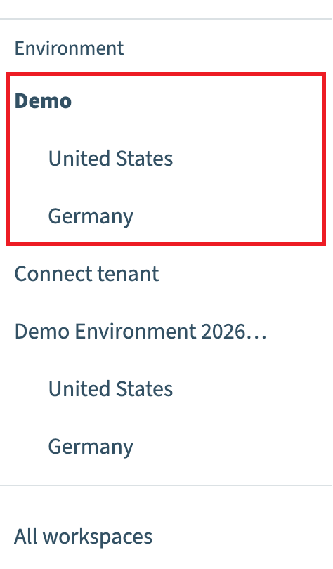 Environment and its virtual environments in the workspace and environment selector