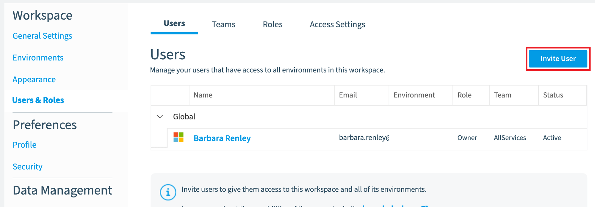 Workspace Users and Roles page with the Invite User button highlighted