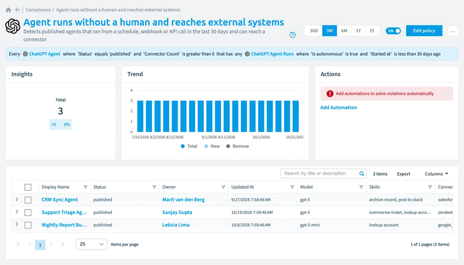 The Agent runs without a human and reaches external systems policy in Rencore Governance: the rule, its trend and the objects that match it
